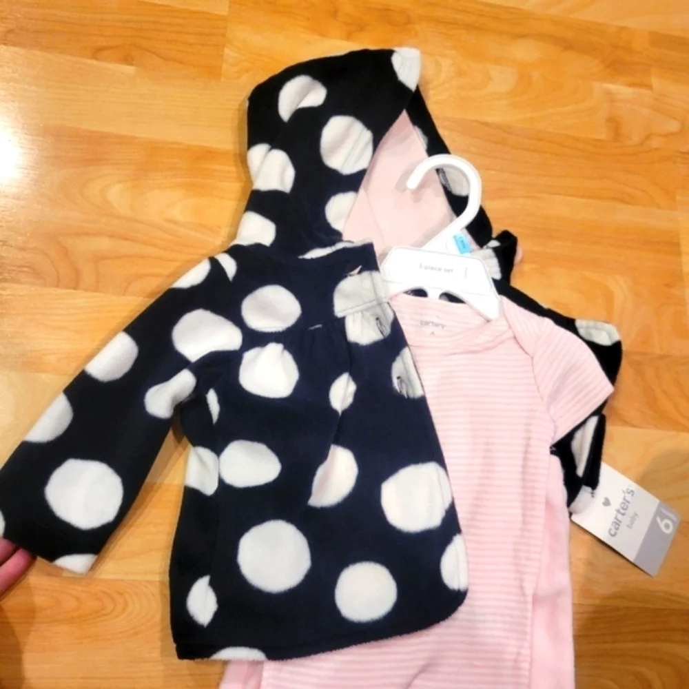 3 PIECE CARTER'S BABY GIRL ONESIE FLEECE PANTS FLEECE COAT SET SIZE 6 months new